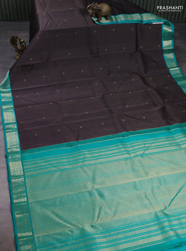 Pure kanchipuram silk saree jamun shade and teal blue with allover zari checks & buttas and zari woven korvai border