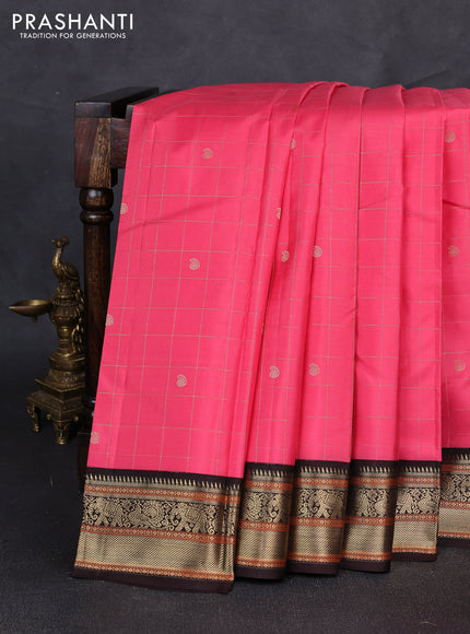 Pure kanchipuram silk saree peach pink and coffee brown with allover zari checks & buttas and zari woven korvai border
