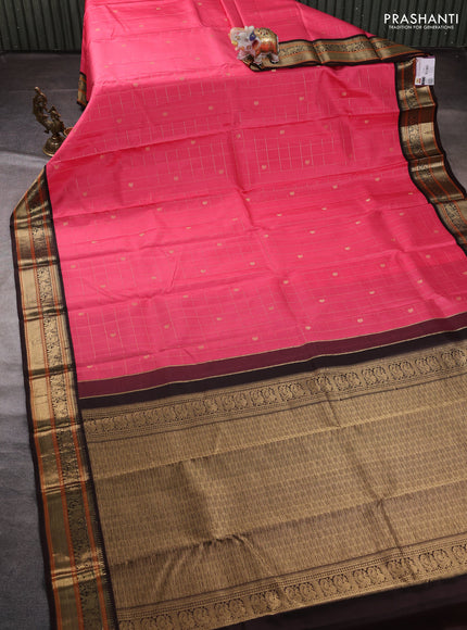 Pure kanchipuram silk saree peach pink and coffee brown with allover zari checks & buttas and zari woven korvai border