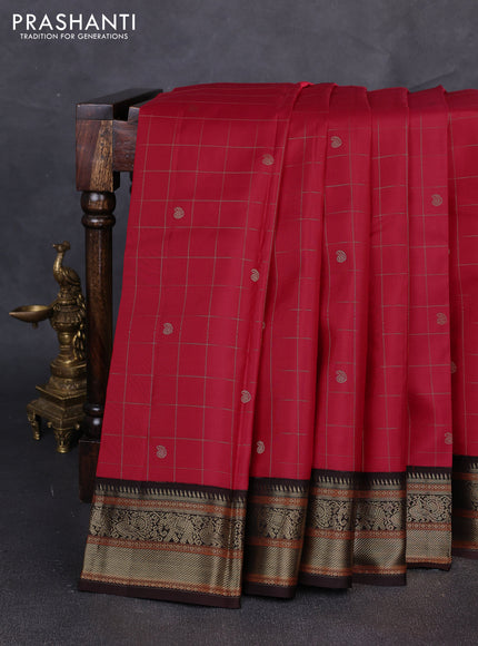 Pure kanchipuram silk saree tomato pink and coffee brown with allover zari checks & buttas and zari woven korvai border