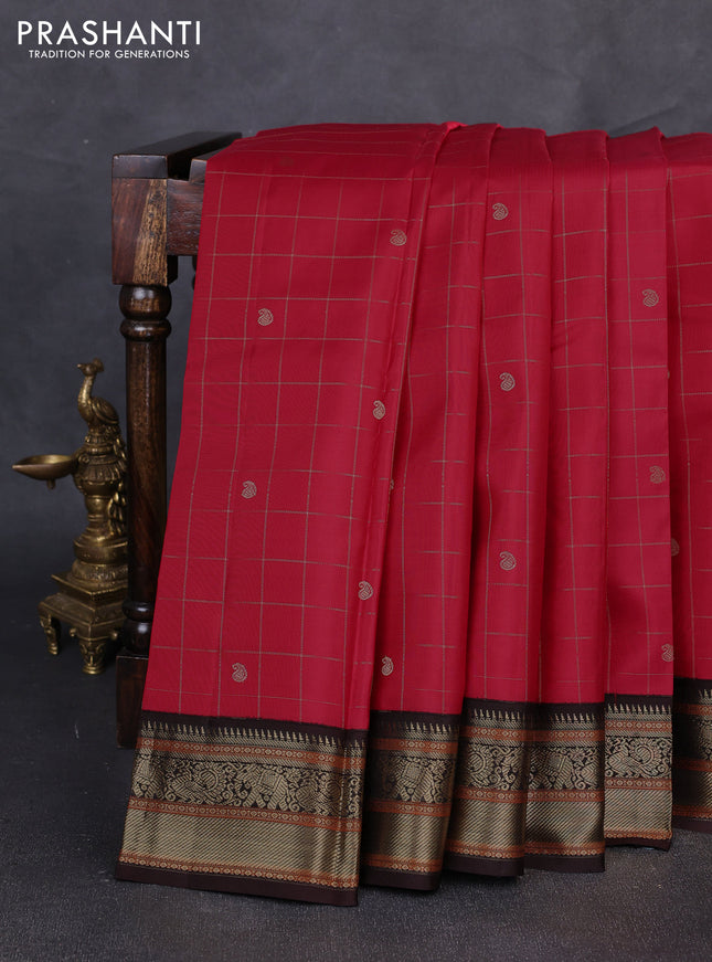 Pure kanchipuram silk saree tomato pink and coffee brown with allover zari checks & buttas and zari woven korvai border