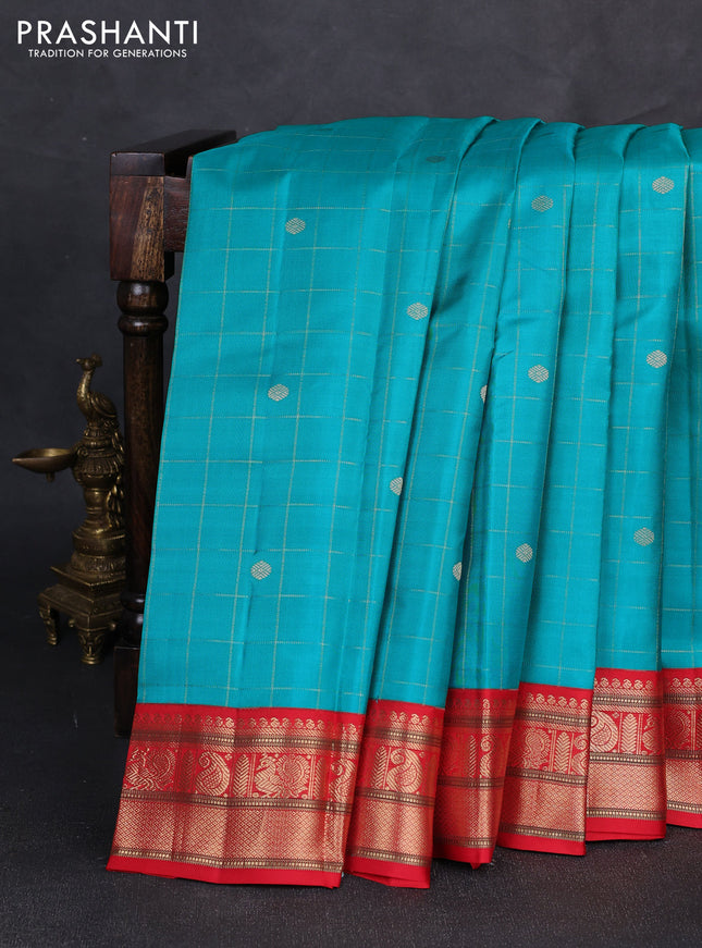 Pure kanchipuram silk saree teal blue and red with allover zari checks & buttas and zari woven korvai border
