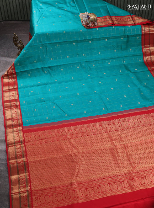 Pure kanchipuram silk saree teal blue and red with allover zari checks & buttas and zari woven korvai border