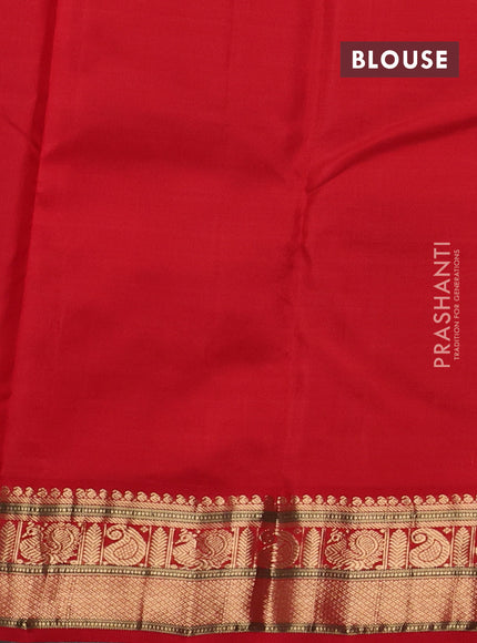 Pure kanchipuram silk saree teal blue and red with allover zari checks & buttas and zari woven korvai border