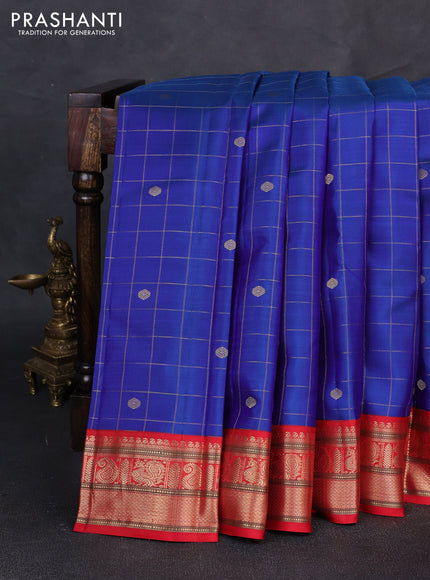 Pure kanchipuram silk saree blue and red with allover zari checks & buttas and zari woven korvai border