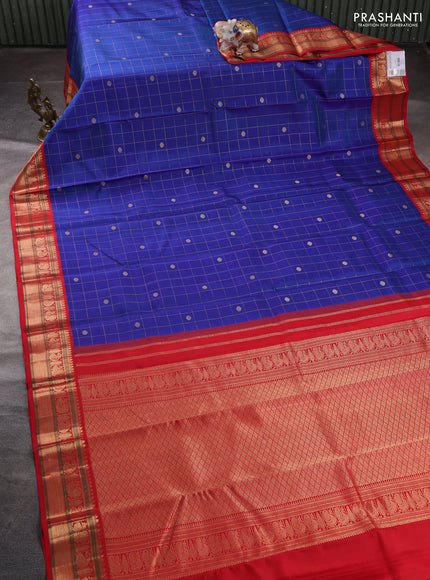 Pure kanchipuram silk saree blue and red with allover zari checks & buttas and zari woven korvai border
