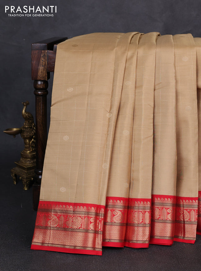 Pure kanchipuram silk saree beige and red with allover zari checks & buttas and zari woven korvai border