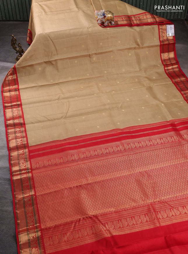 Pure kanchipuram silk saree beige and red with allover zari checks & buttas and zari woven korvai border