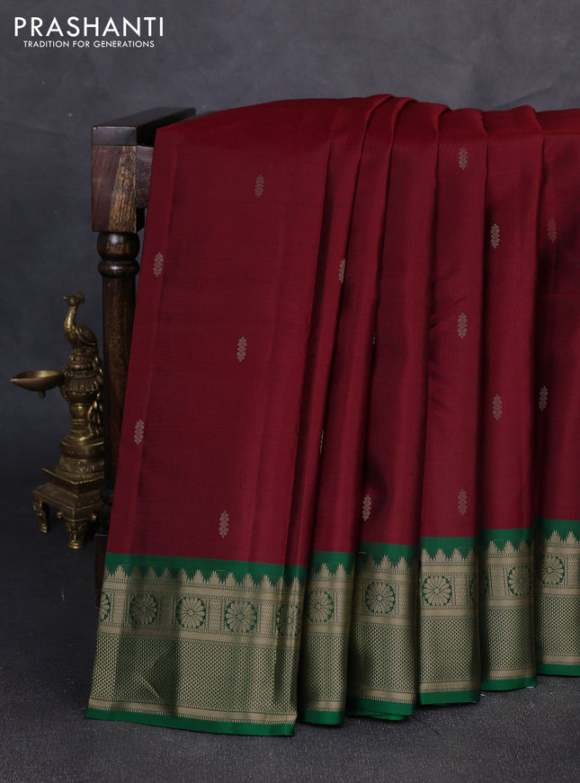 Pure kanchipuram silk saree deep maroon and green with zari woven butttas and zari woven border