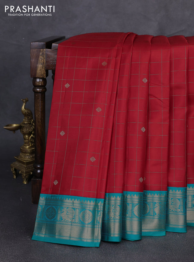 Pure kanchipuram silk saree red and teal blue with allover zari checks & buttas and zari woven korvai border
