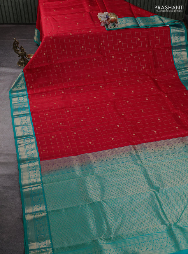 Pure kanchipuram silk saree red and teal blue with allover zari checks & buttas and zari woven korvai border