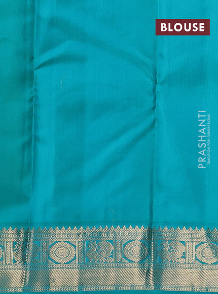 Pure kanchipuram silk saree lime green and teal blue with allover zari checks & buttas and zari woven korvai border