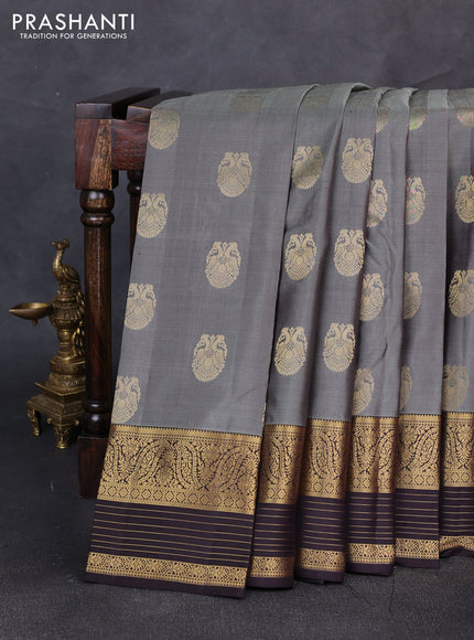 Pure kanchipuram silk saree grey and coffee brown with zari woven buttas and zari woven korvai border