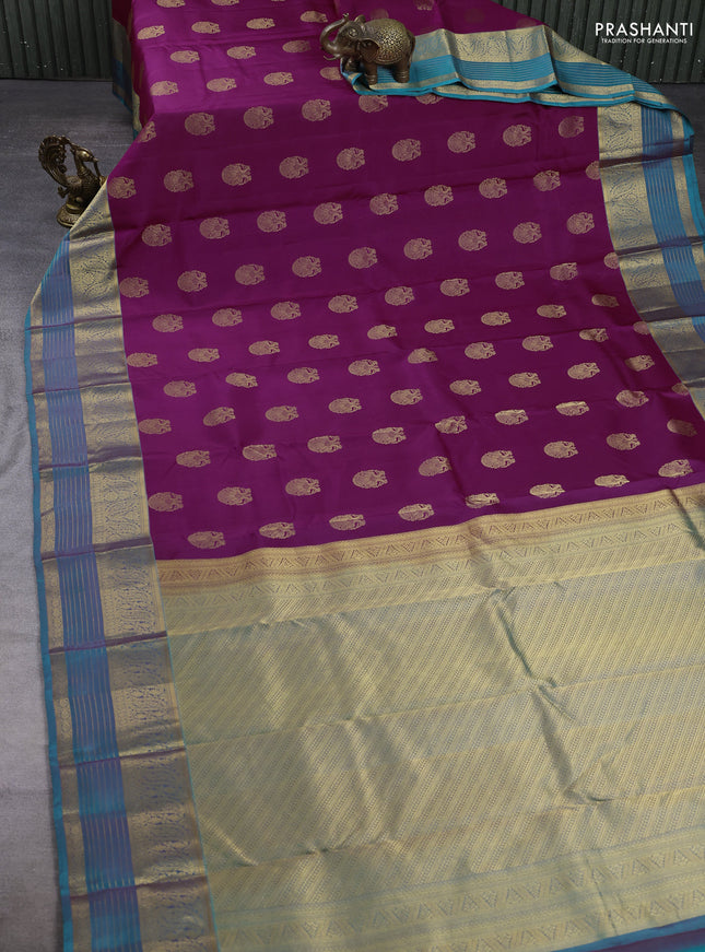 Pure kanchipuram silk saree magenta pink and teal green with allover zari woven buttas and long zari woven korvai border