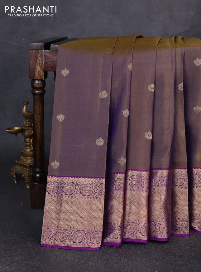 Pure kanchipuram silk saree dual shade of violet and purple with zari woven buttas and zari woven border
