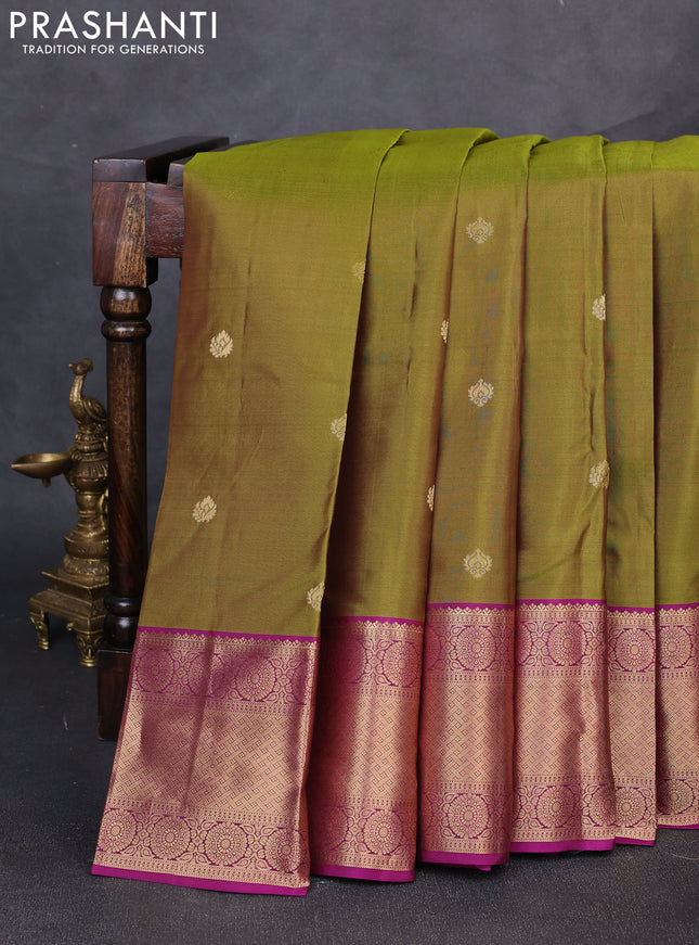 Pure kanchipuram silk saree mehendi green and magenta pink with zari woven buttas and zari woven border