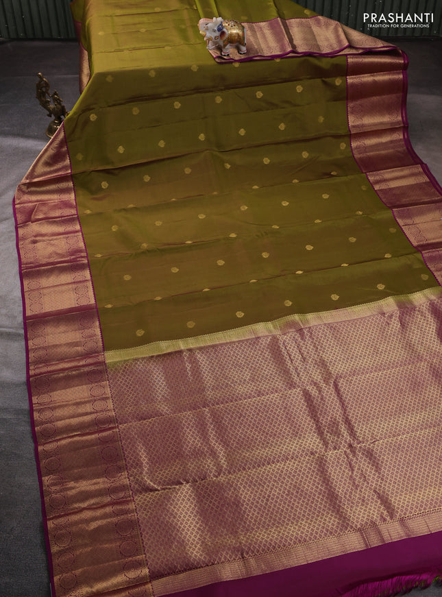 Pure kanchipuram silk saree mehendi green and magenta pink with zari woven buttas and zari woven border