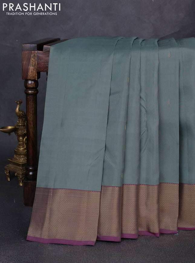 Pure kanchipuram silk saree bluish grey and pink with zari woven buttas and zari woven border