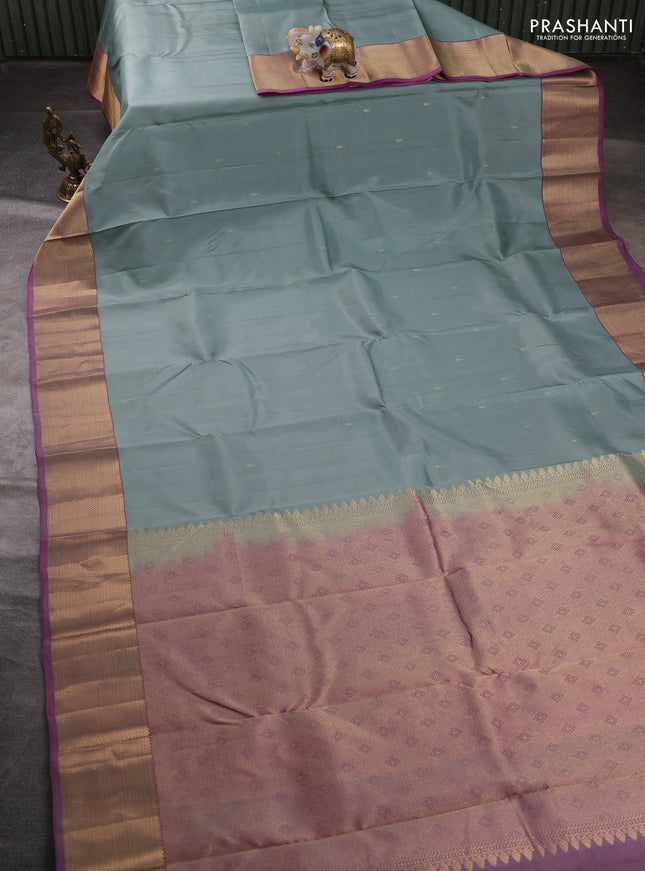 Pure kanchipuram silk saree bluish grey and pink with zari woven buttas and zari woven border