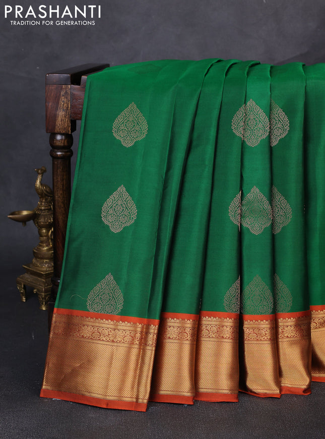 Pure kanchipuram silk saree green and orange with zari woven buttas and rettapet zari woven border