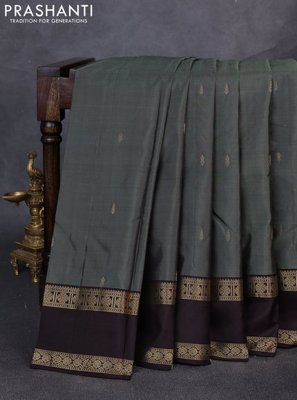 Pure kanchipuram silk saree grey and coffee brown with zari woven buttas and rettapet zari woven border