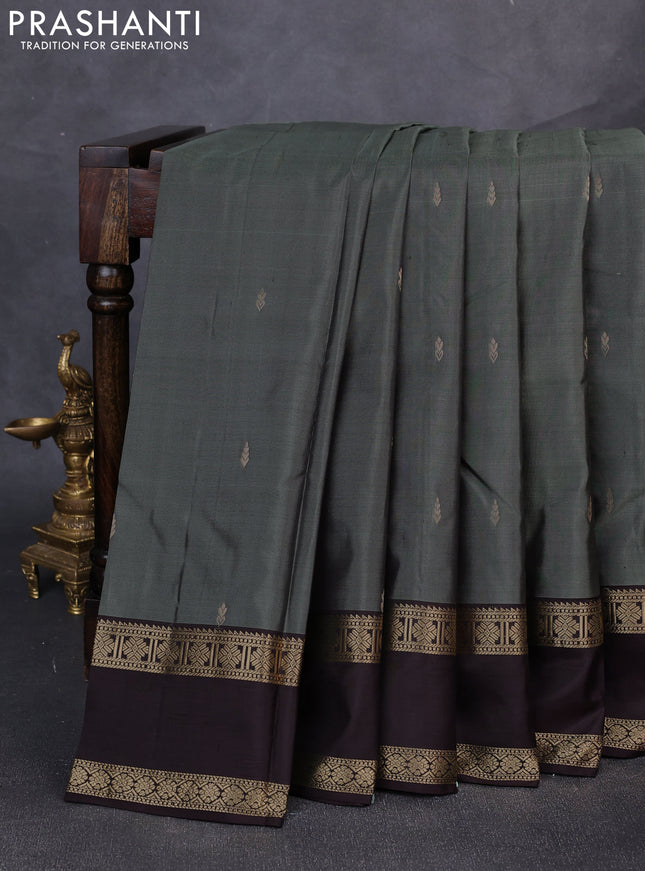 Pure kanchipuram silk saree grey and coffee brown with zari woven buttas and rettapet zari woven border