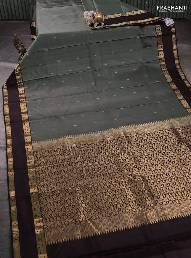 Pure kanchipuram silk saree grey and coffee brown with zari woven buttas and rettapet zari woven border