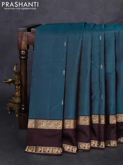 Pure kanchipuram silk saree peacock green and coffee brown with zari woven buttas and rettapet zari woven border
