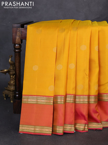 Pure kanchipuram silk saree mustard yellow and pink with zari woven buttas and rettapet zari woven border