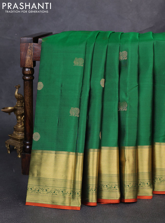 Pure kanchipuram silk saree green and rustic orange with zari woven buttas and long rich zari woven border