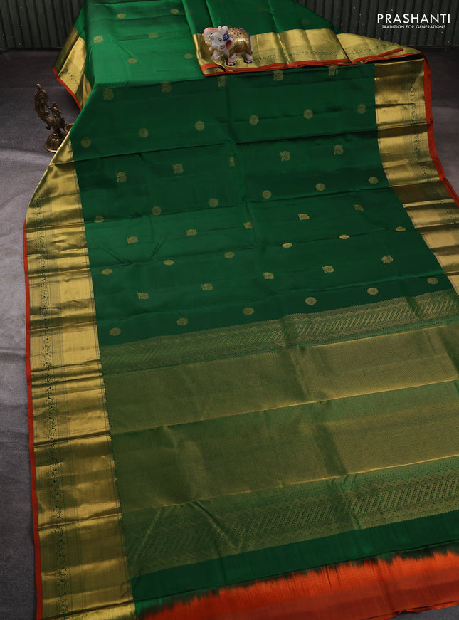 Pure kanchipuram silk saree green and rustic orange with zari woven buttas and long rich zari woven border
