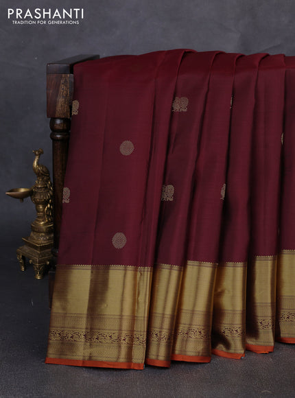 Pure kanchipuram silk saree deep maroon and rustic orange with zari woven buttas and long rich zari woven border