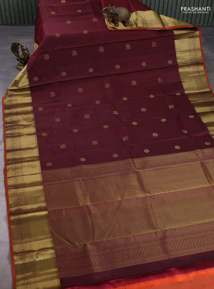Pure kanchipuram silk saree deep maroon and rustic orange with zari woven buttas and long rich zari woven border