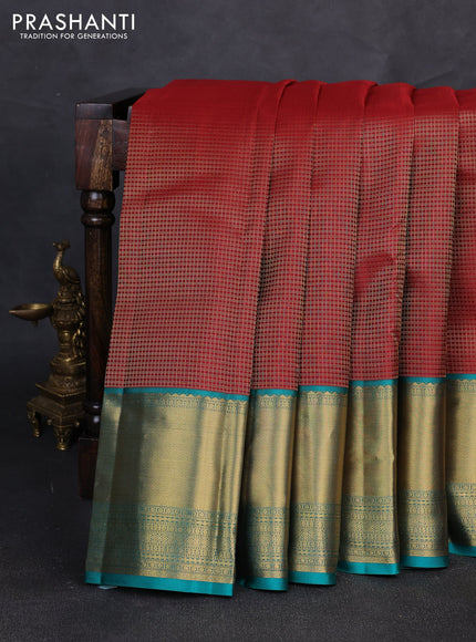 Pure kanchipuram silk saree deep maroon and teal green with allover small zari checked pattern and long zari woven border