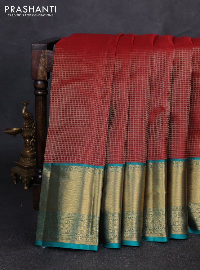 Pure kanchipuram silk saree deep maroon and teal green with allover small zari checked pattern and long zari woven border