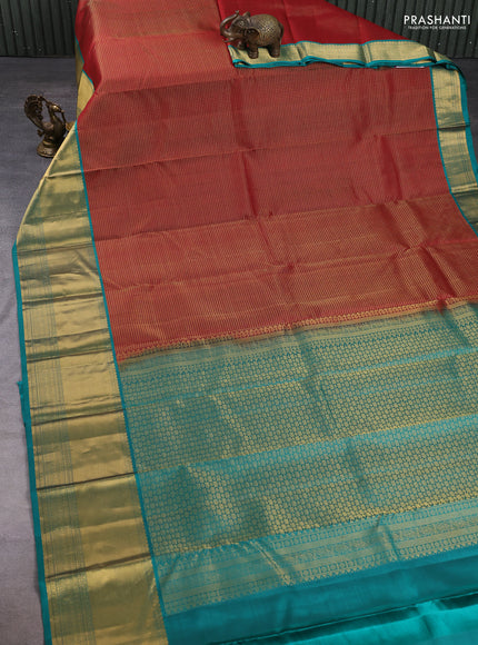 Pure kanchipuram silk saree deep maroon and teal green with allover small zari checked pattern and long zari woven border