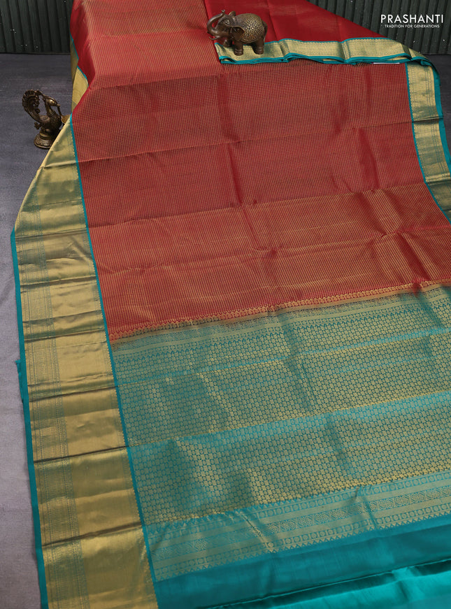 Pure kanchipuram silk saree deep maroon and teal green with allover small zari checked pattern and long zari woven border