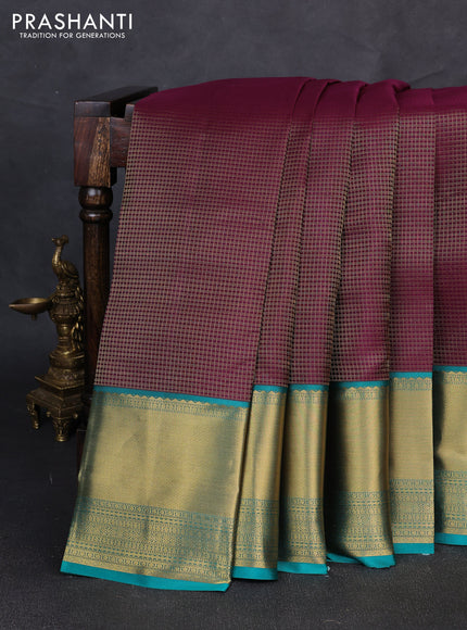 Pure kanchipuram silk saree deep wine shade and teal green with allover small zari checked pattern andl long zari woven border