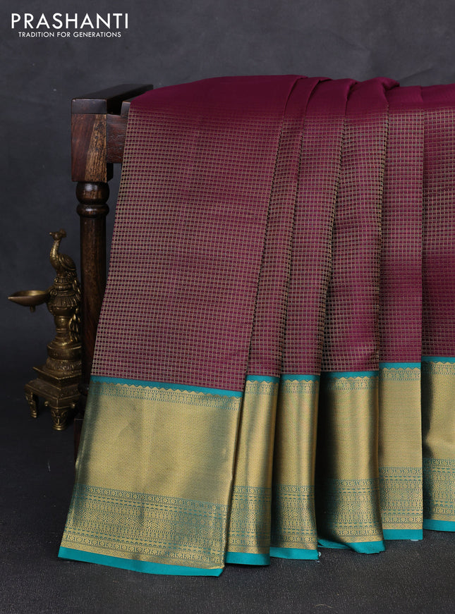 Pure kanchipuram silk saree deep wine shade and teal green with allover small zari checked pattern andl long zari woven border