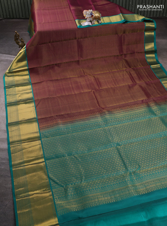 Pure kanchipuram silk saree deep wine shade and teal green with allover small zari checked pattern andl long zari woven border