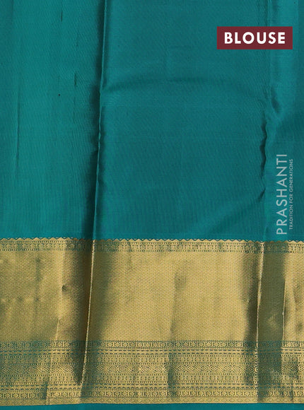 Pure kanchipuram silk saree mustard green and teal green with allover small zari checked pattern and long rich zari woven border