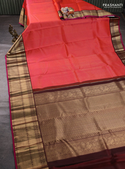 Pure kanchipuram silk saree orange and coffee brown with allover small zari checked pattern and long rich zari woven border
