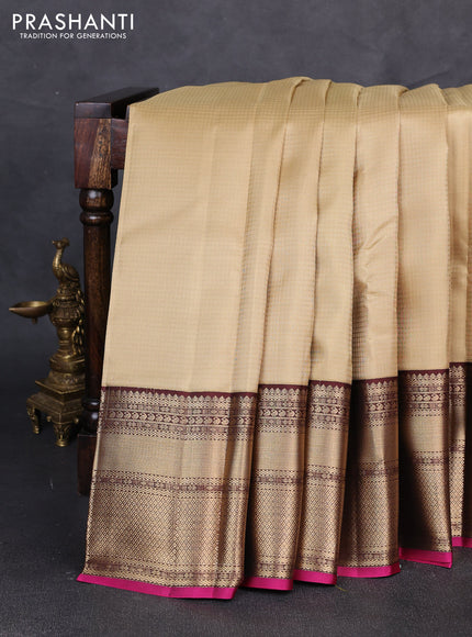 Pure kanchipuram silk saree sandal and coffee brown with allover small zari checked pattern and long rich zari woven border