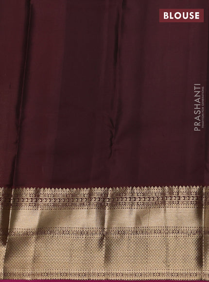 Pure kanchipuram silk saree sandal and coffee brown with allover small zari checked pattern and long rich zari woven border