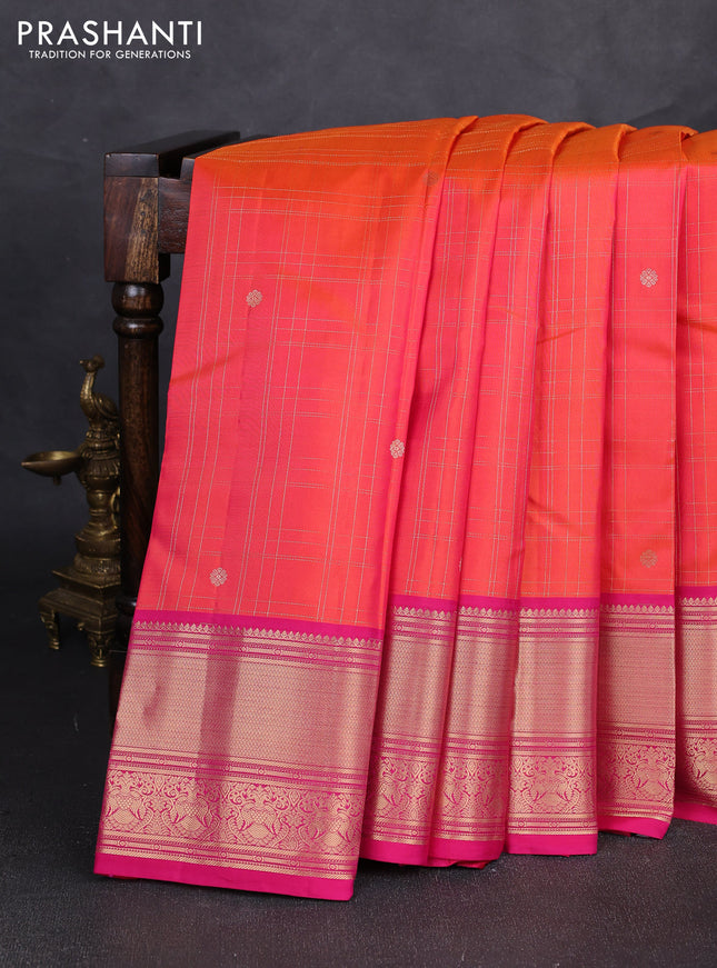 Pure kanchipuram silk saree dual shade of pinkish orange and pink with allover zari checks & buttas and zari woven border