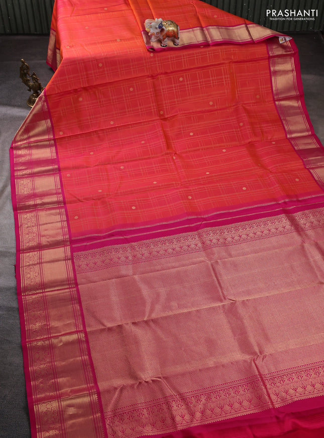 Pure kanchipuram silk saree dual shade of pinkish orange and pink with allover zari checks & buttas and zari woven border