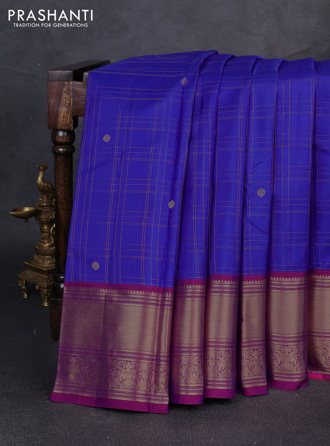 Pure kanchipuram silk saree royal blue and magenta pink with allover zari checks & buttas and zari woven border