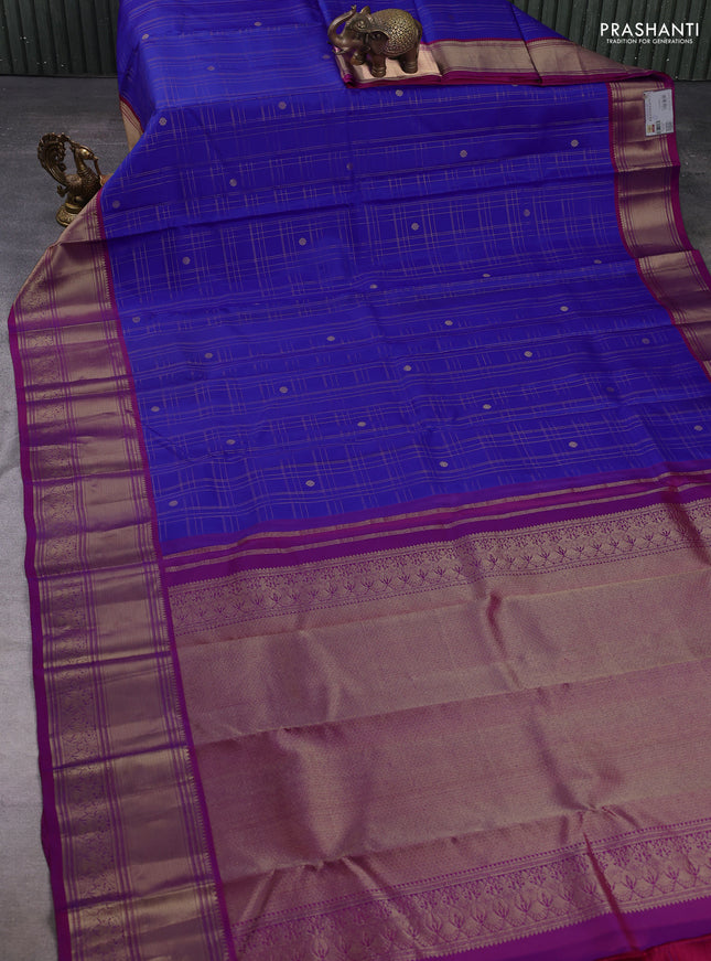 Pure kanchipuram silk saree royal blue and magenta pink with allover zari checks & buttas and zari woven border