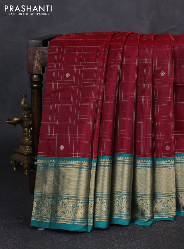Pure kanchipuram silk saree deep maroon and green with allover zari checks & buttas and long zari woven korvai border