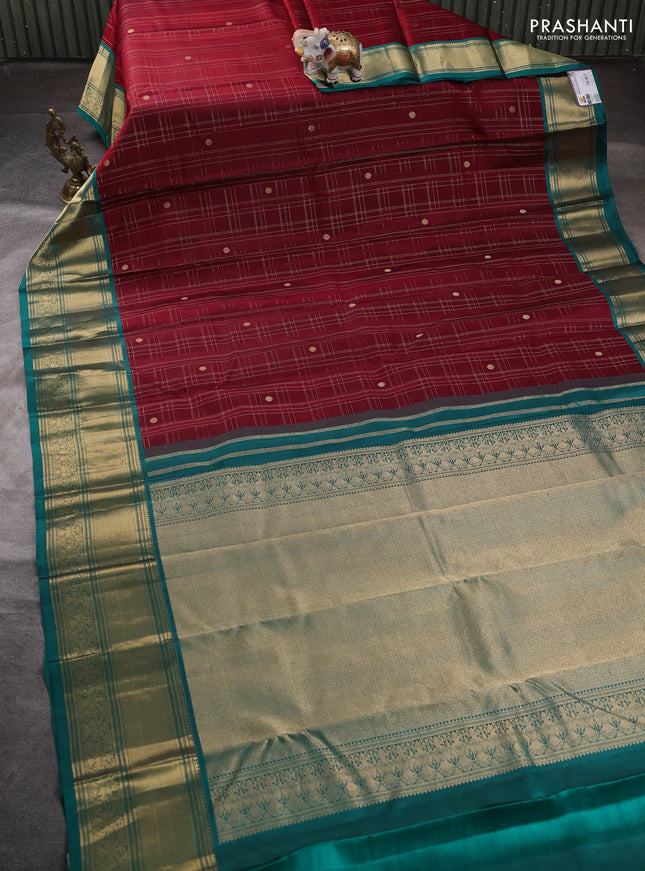 Pure kanchipuram silk saree deep maroon and green with allover zari checks & buttas and long zari woven korvai border